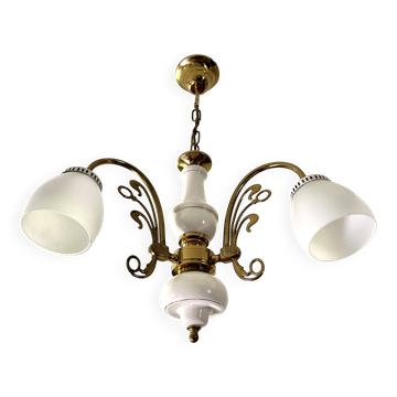 Lustre 3 feux en laiton doré et porcelaine de style Art Nouveau, 1970