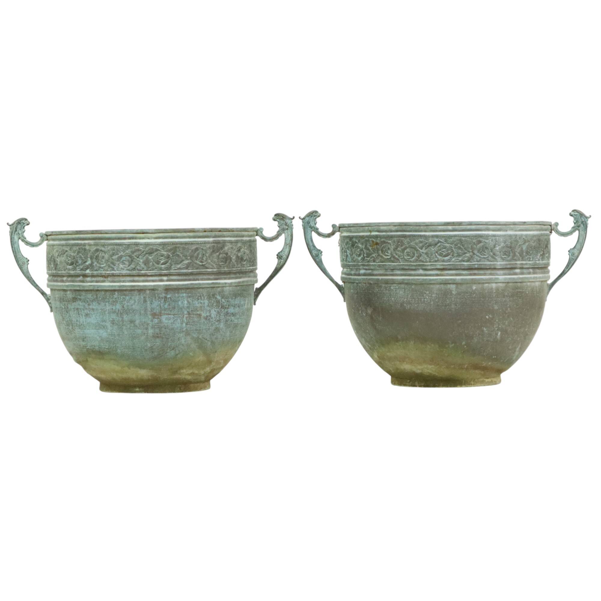 French Art Nouveau Style Flower Pots Garden Vases Verdigris