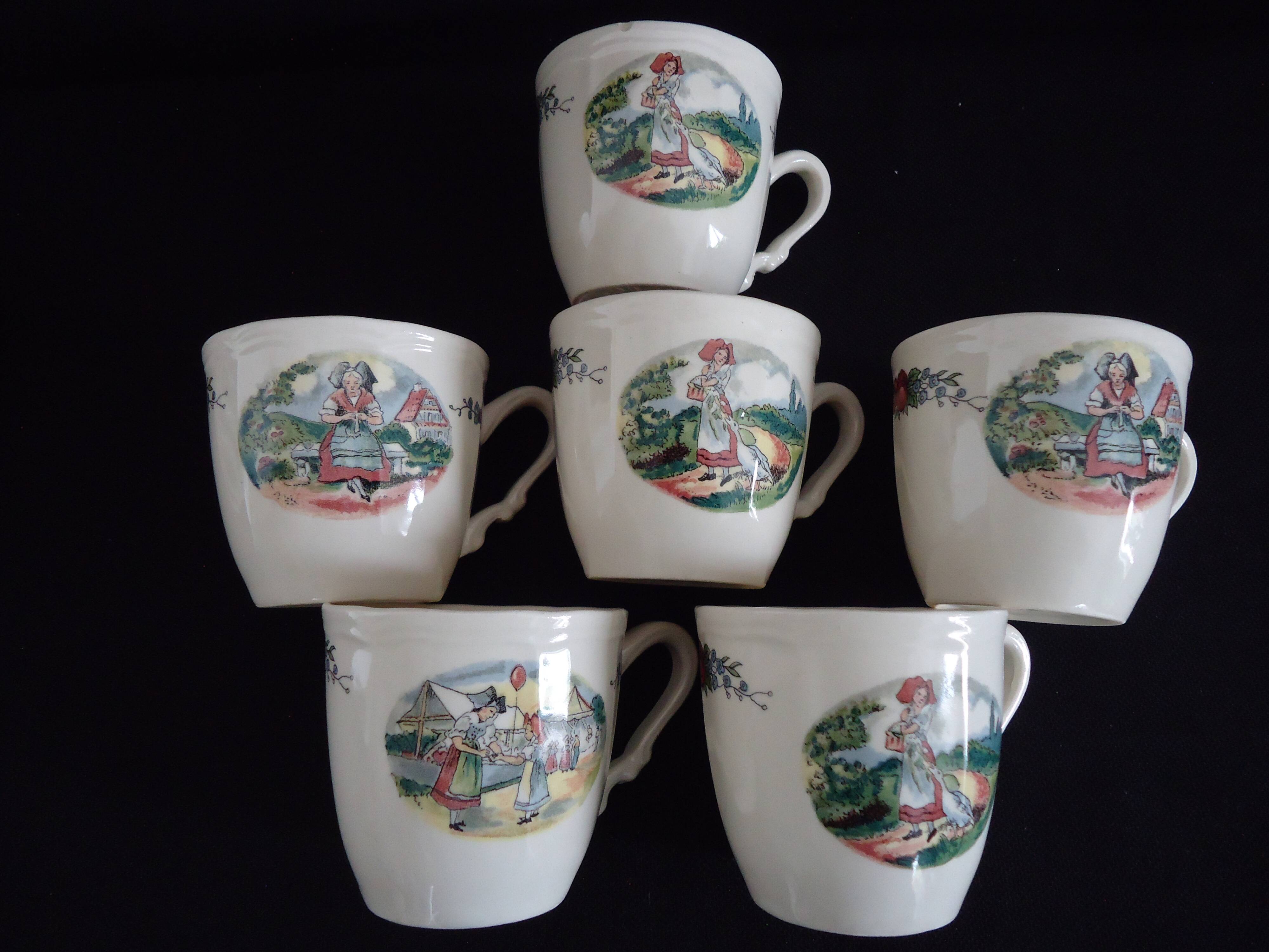 Six sarreguemines cups and saucers, obernai model