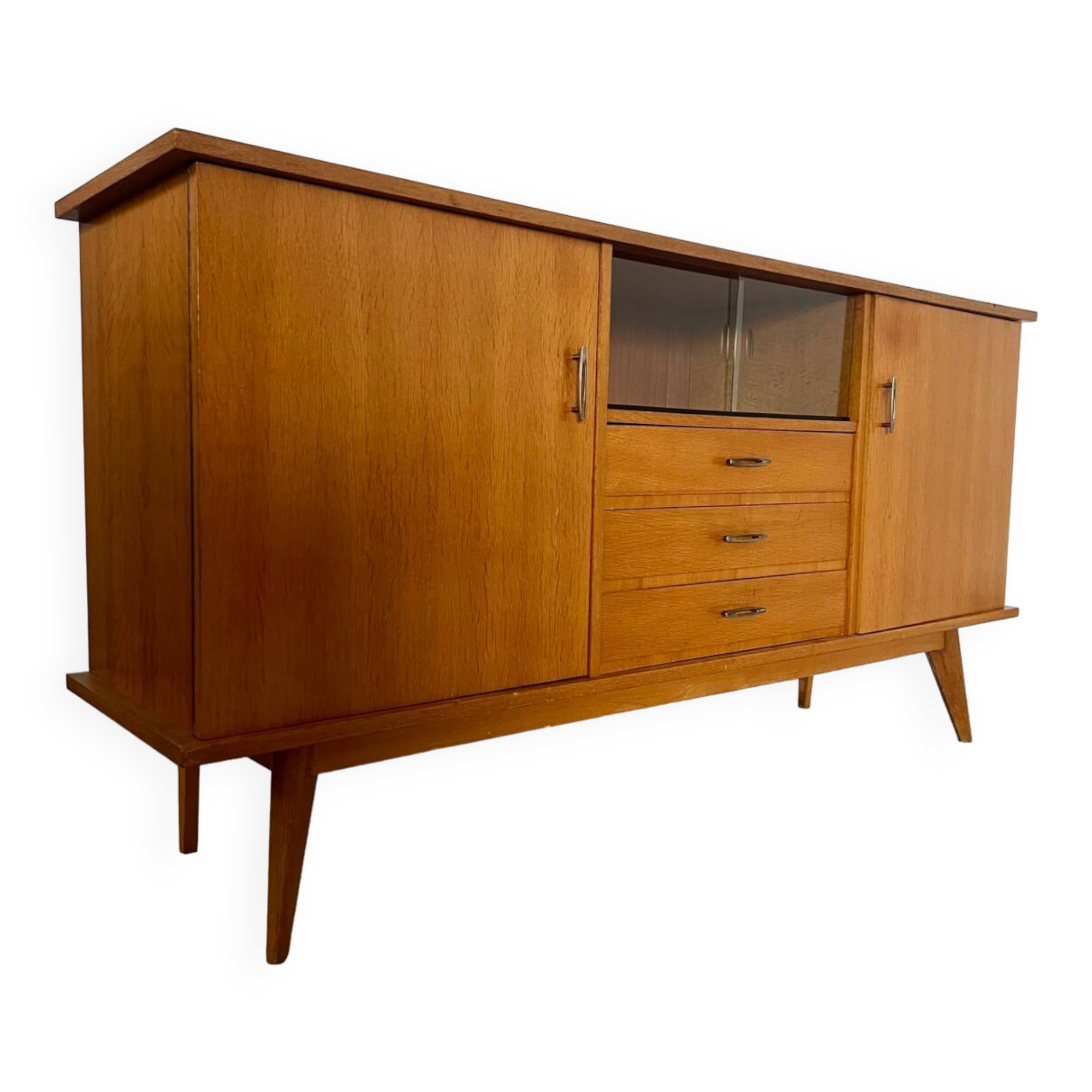 Ancien bahut enfilade en chêne clair pied compas design des années 50 vintage