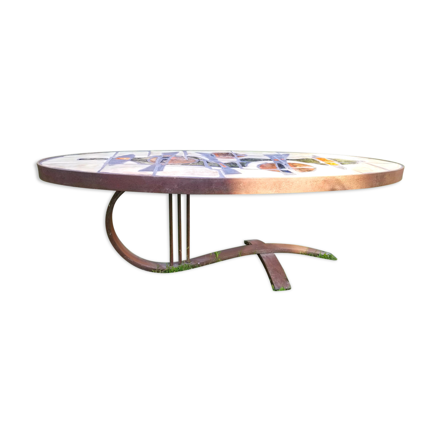 Oval coffee table ceramic wrought iron vintage