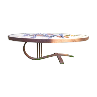 Oval coffee table ceramic wrought iron vintage