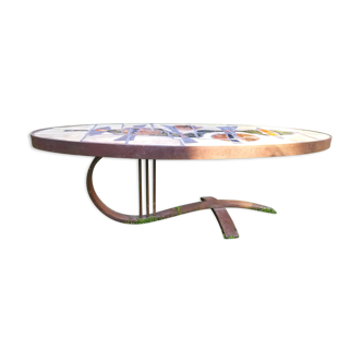 Table basse ovale céramique fer forgé vintage