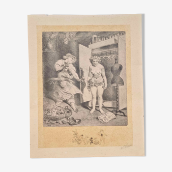 Lithographie en BE d'Alphonse Willette  : "Essayage de mode printemps 1917" (L’avarice)