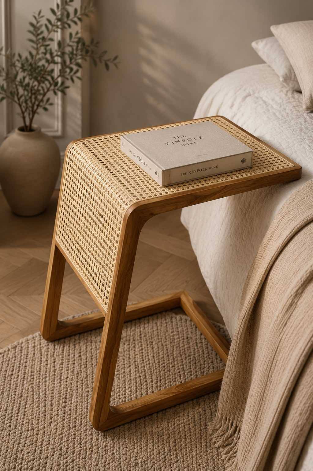Table d’appoint de lit en bois et rotin en bois de teck