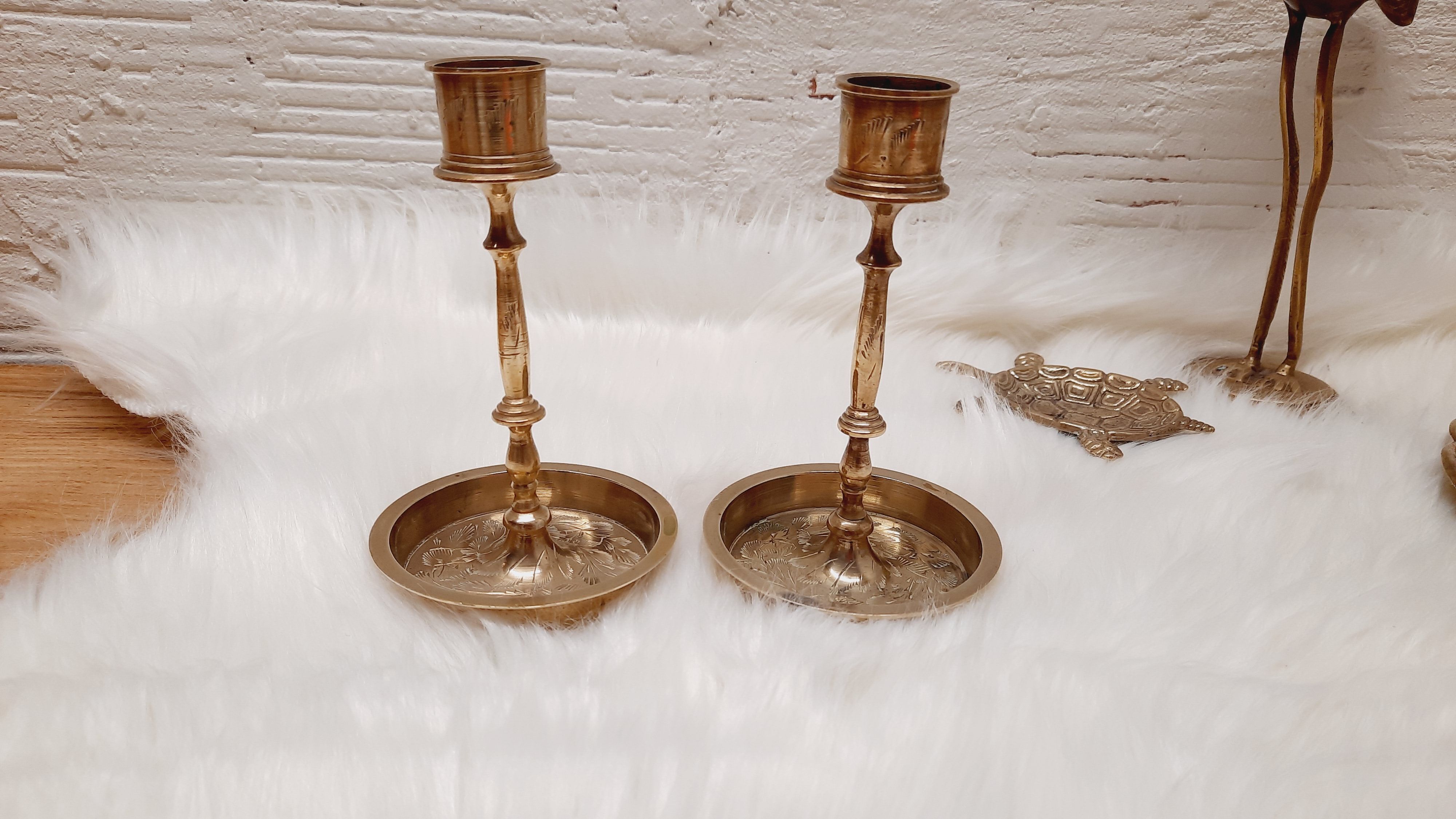 Pair chiseled brass candlesticks