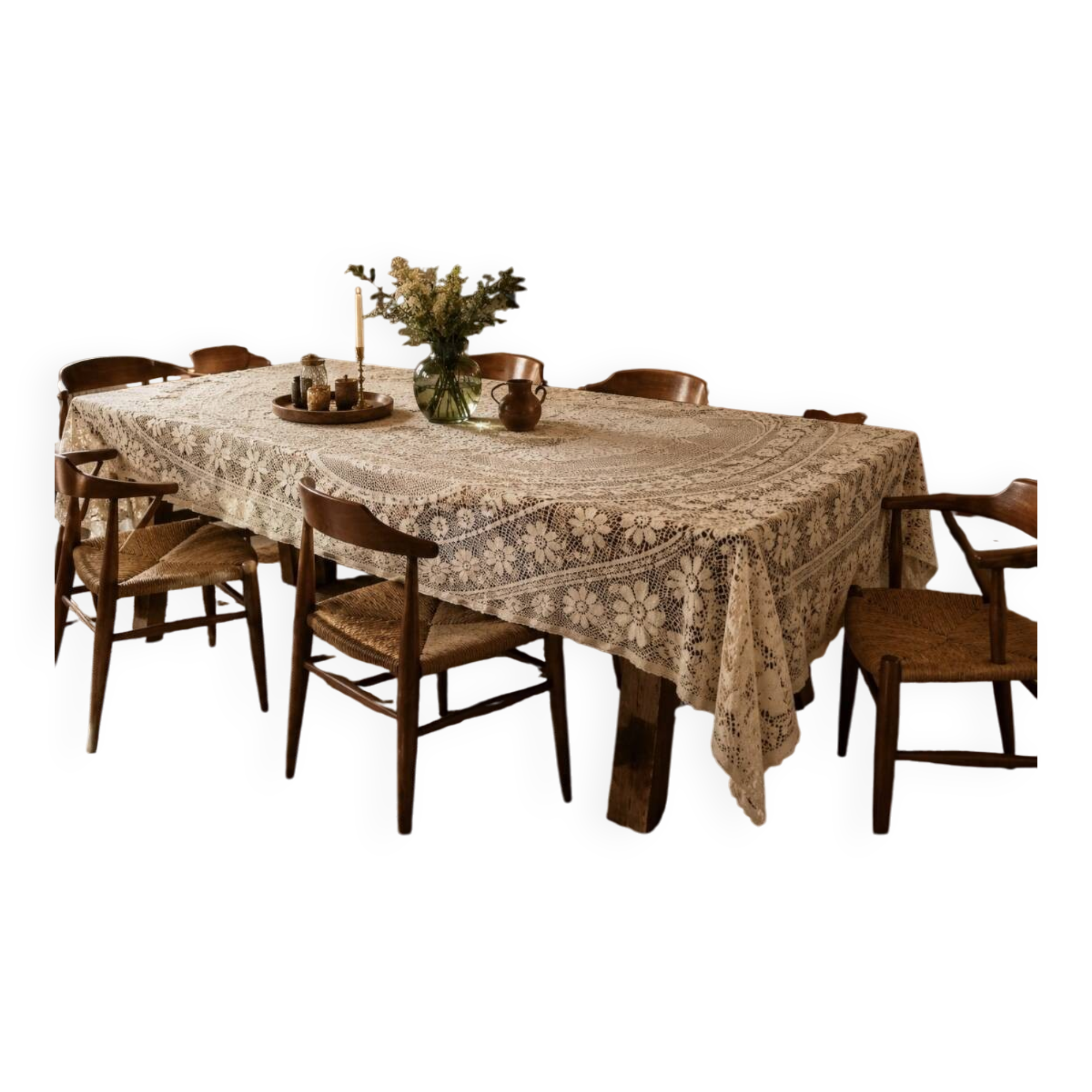 vintage rectangular beige crochet tablecloth