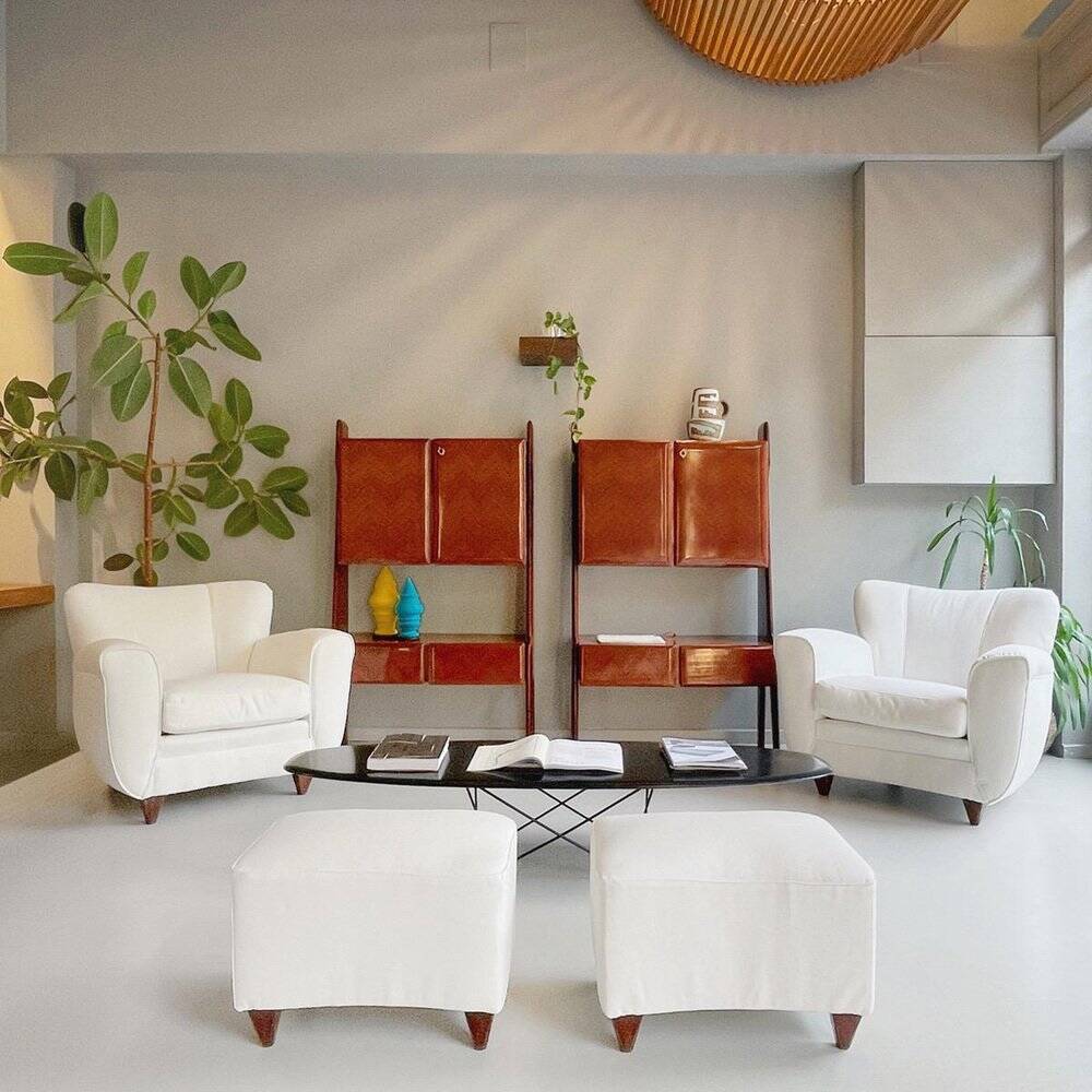 2 sets of Italian armchair with pouf in white fabric, Italy, 1940s