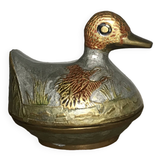 Vintage jewelry box in the shape of a duck in enamelled brass with floral decoration