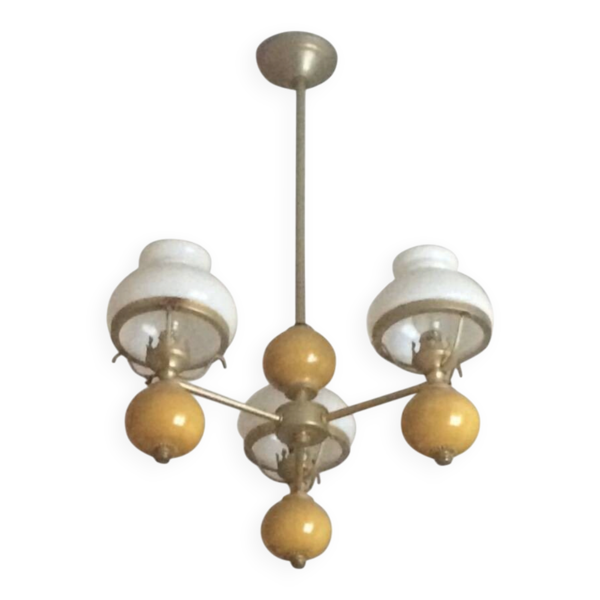 Vintage brass pendant light with opaline porcelain from the 1950s.
