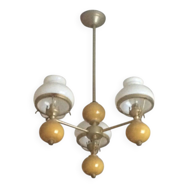 Lustre suspendu vintage laiton porcelaine opaline année 50