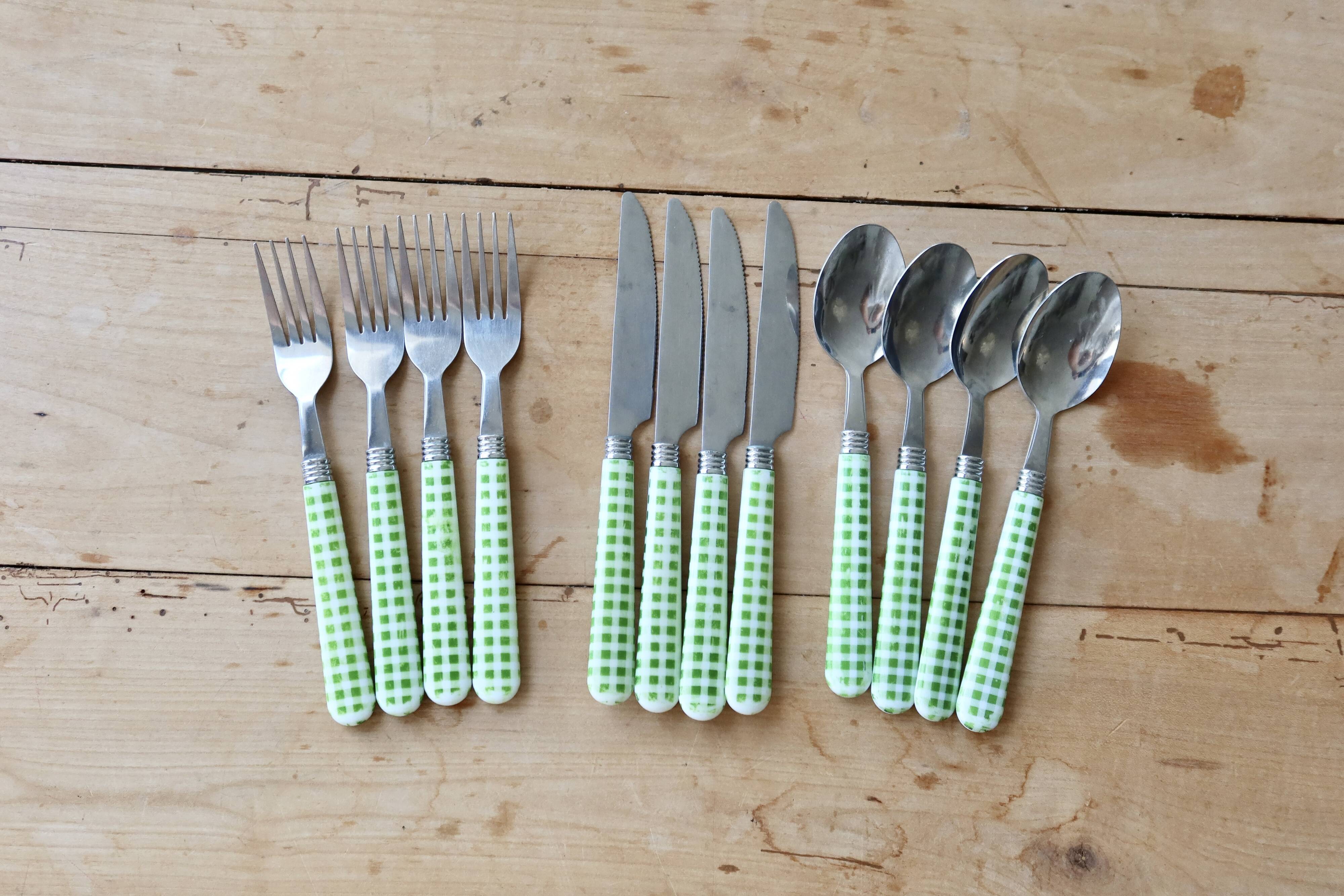 12 vintage stainless steel and green and white gingham cutlery sets