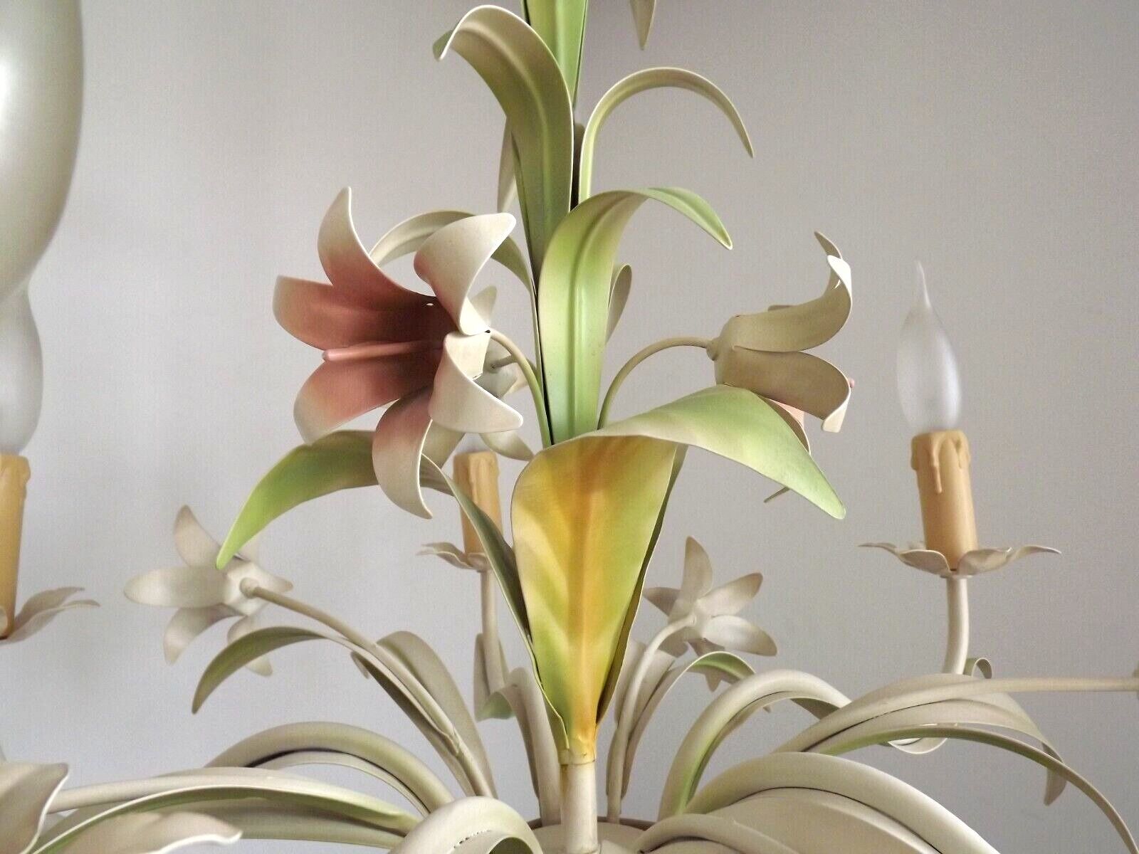 Vintage french 5 arm tied bouquet toleware chandelier pink lily flowers 4264