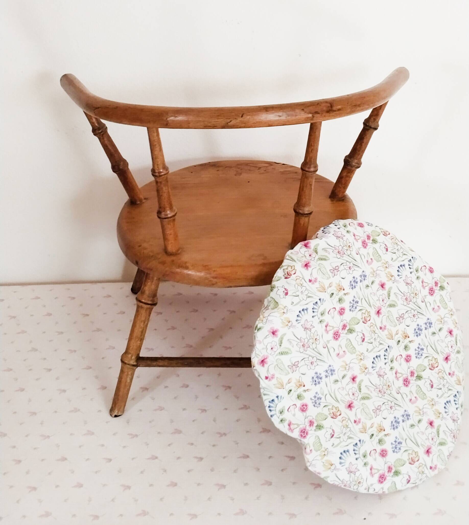 Vintage doll chair, in wood, and Liberty cushion