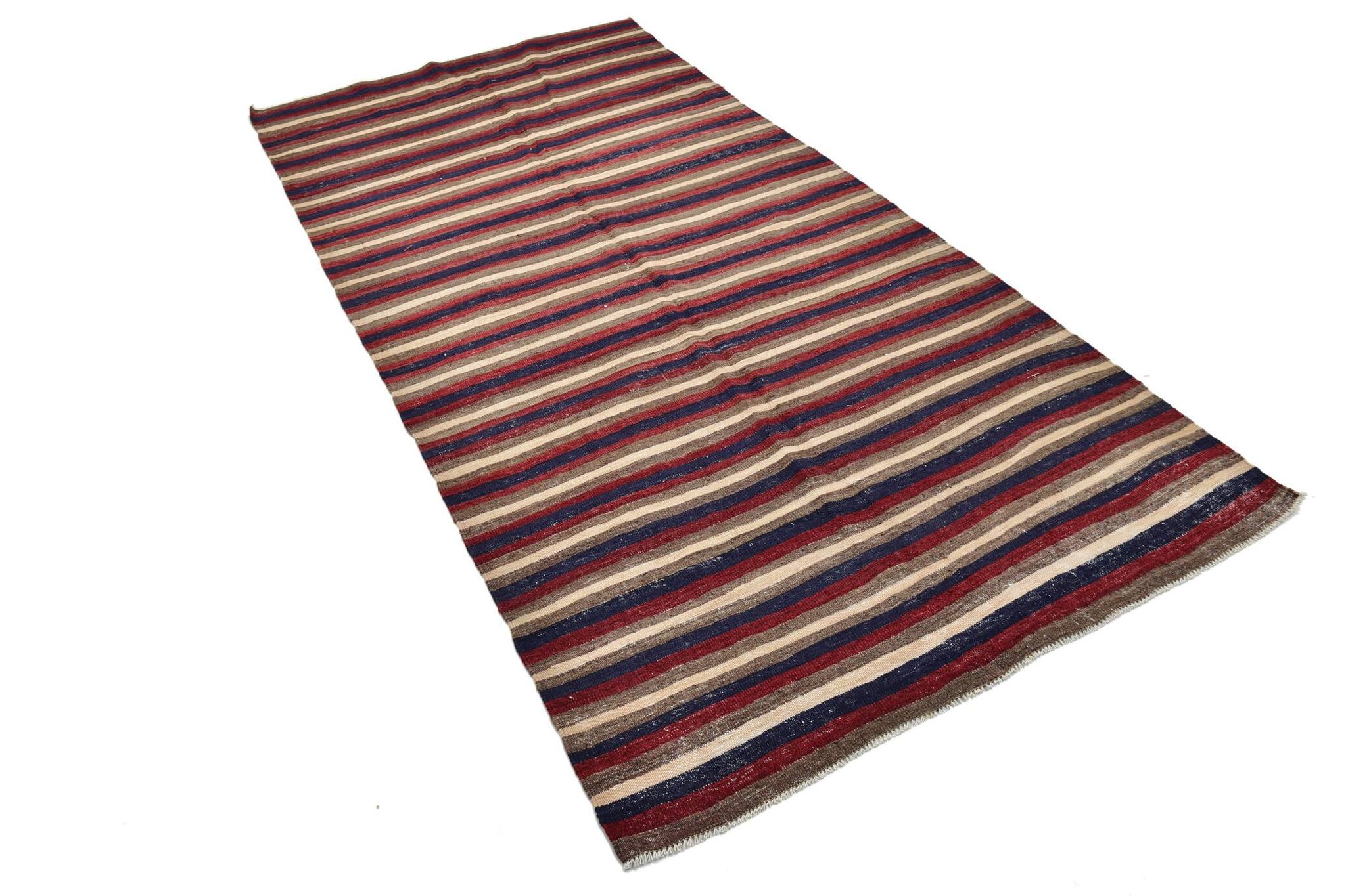 4x9 Red & Navy Blue Pinstriped Pattern Turkish Kilim Rug, 136x284Cm