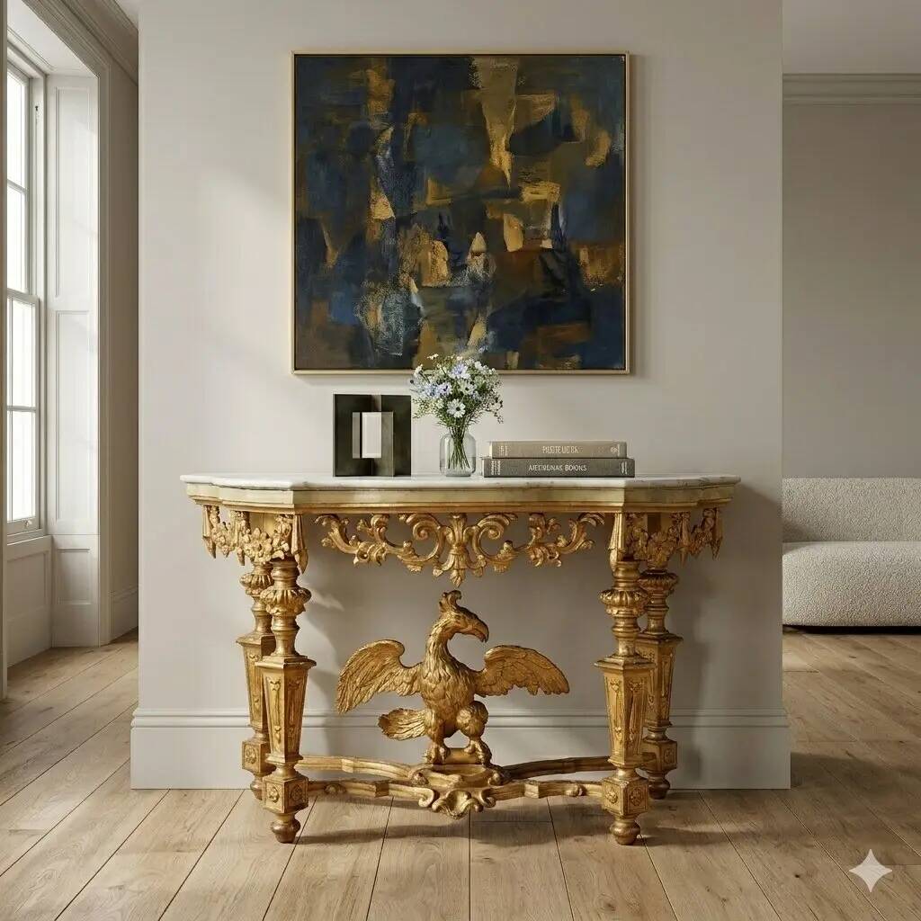 Console ancienne éclectique en bois sculpté et doré, Italie, XIXe siècle