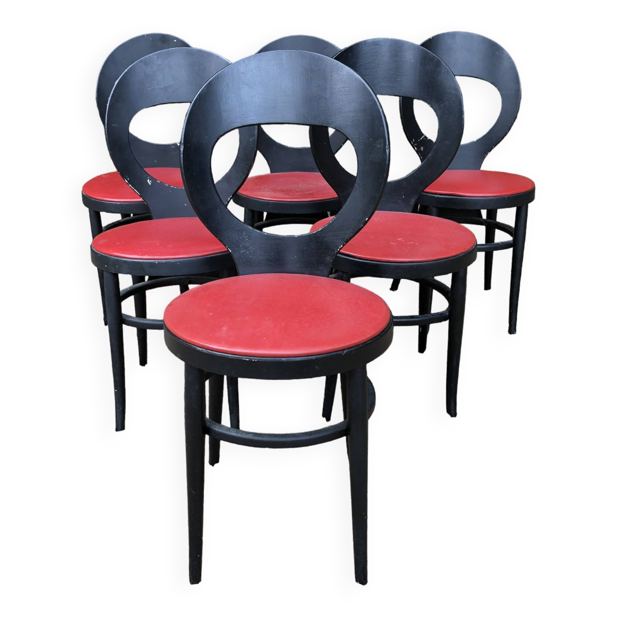 6 vintage Baumann seagull model chairs, black lacquered with red Skai seats.
