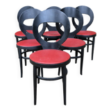 6 vintage Baumann seagull model chairs, black lacquered with red Skai seats.