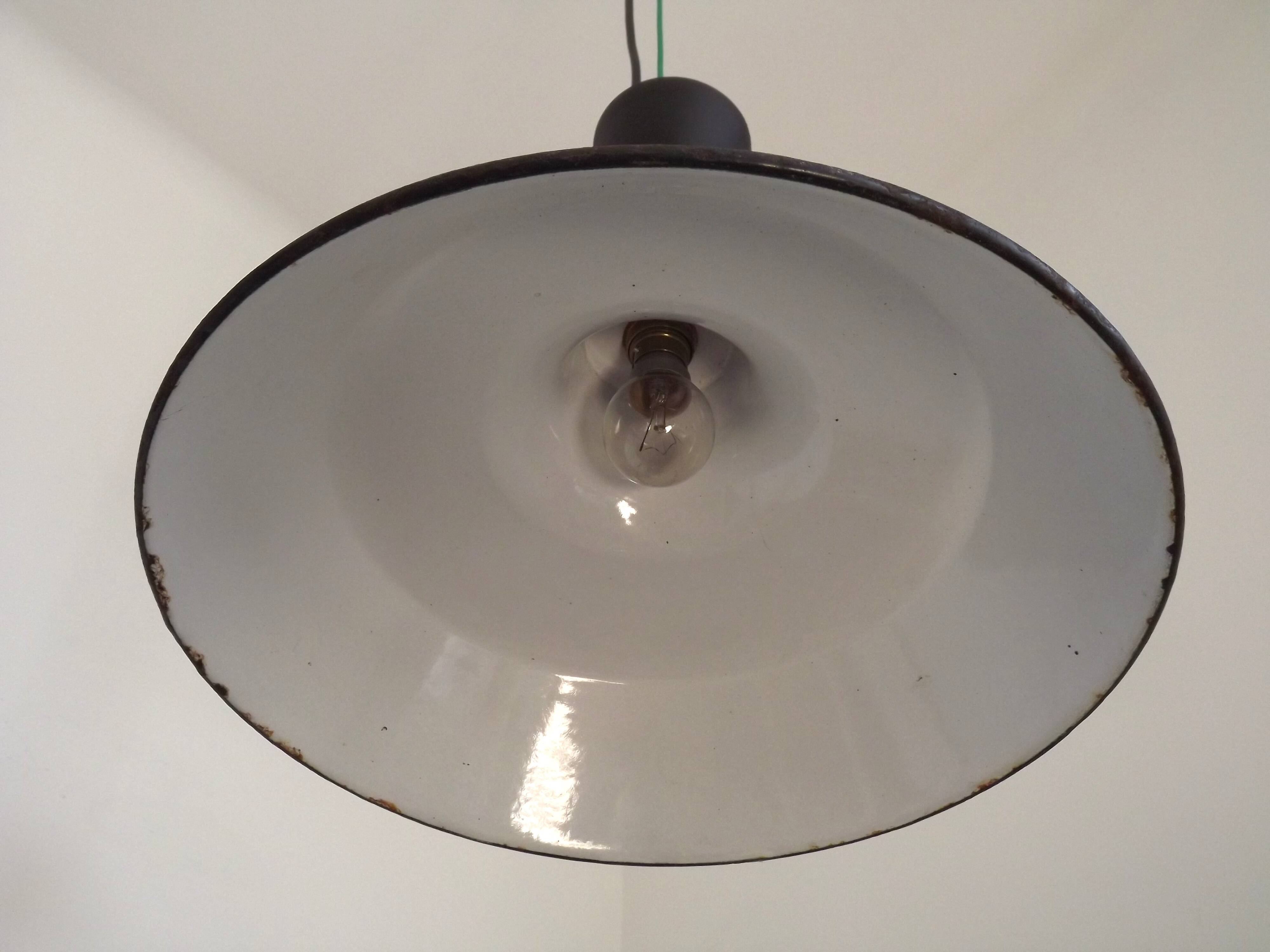 French Vintage 1950s Industrial Light In Black Metal White Enamal & Brass