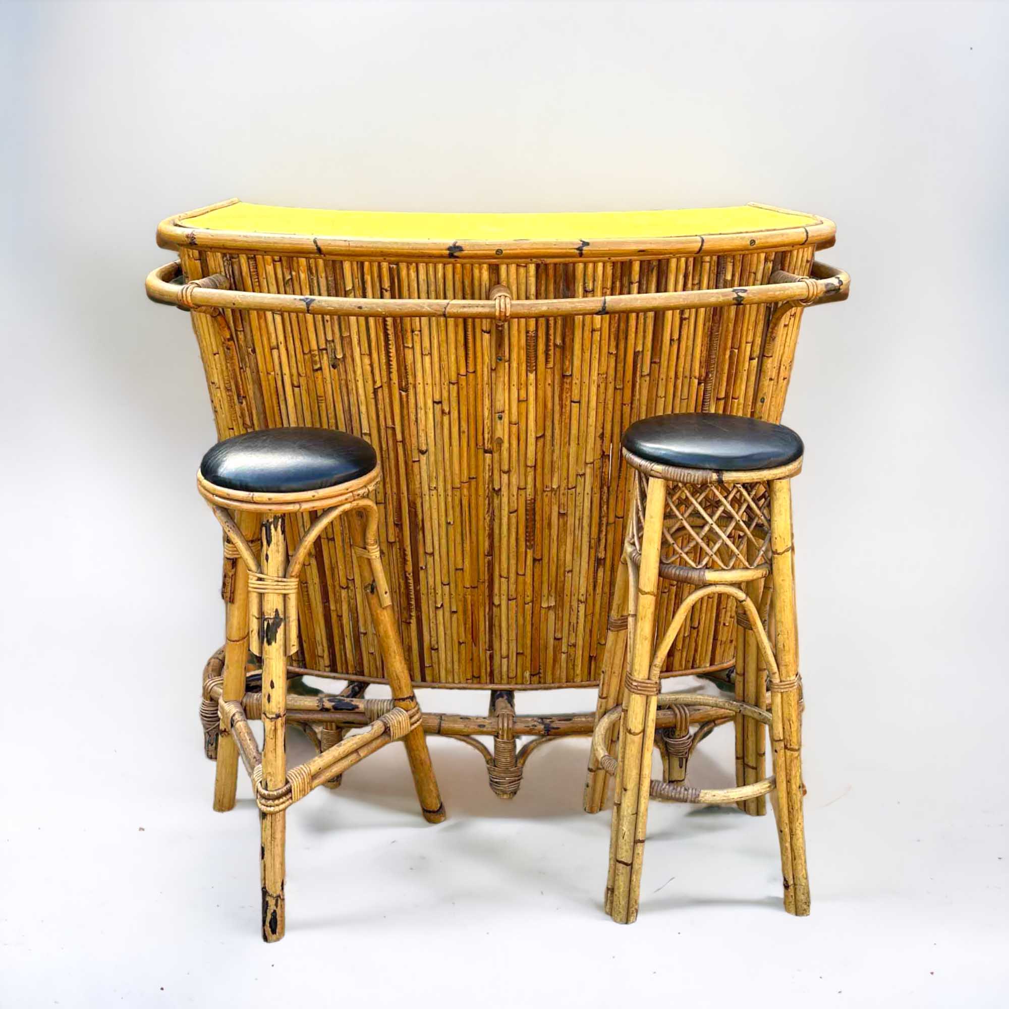 Bamboo and rattan tiki cocktail bar with stools, set of 3, 1960s