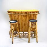 Bamboo and rattan tiki cocktail bar with stools, set of 3, 1960s
