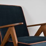 Chaise compas restaurée, tissu jaune canari, fil orange, teck, 1960