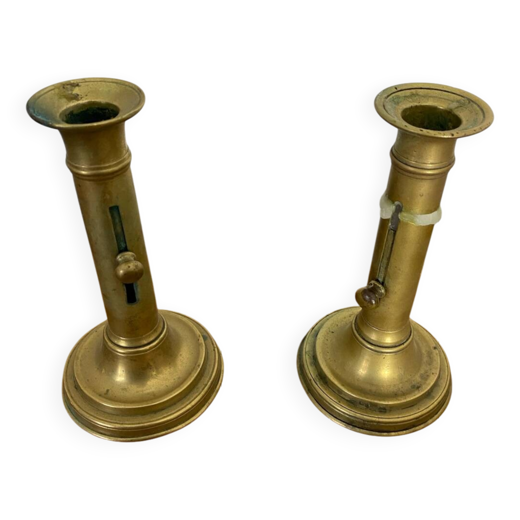 Pair of Antique Vintage Brass Push Candle Holders #C408