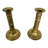 Paire De Bougeoir A Poussoir Ancien Laiton Vintage #C408