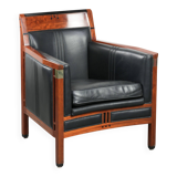Black leather and wooden Art Deco design armchair