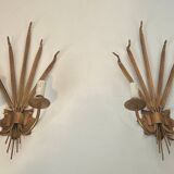 Pair of gold wall sconces with wheat ears in the style of Coco Chanel