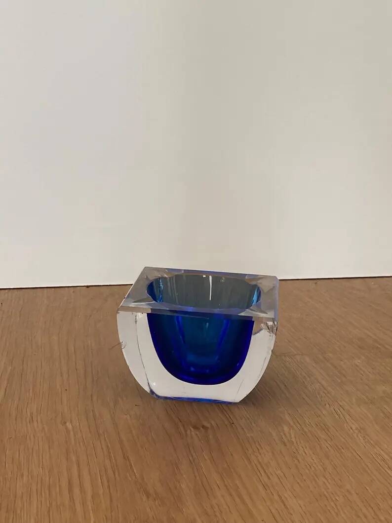 Vintage Sommerso glass ashtray in Murano style, square blue shape.