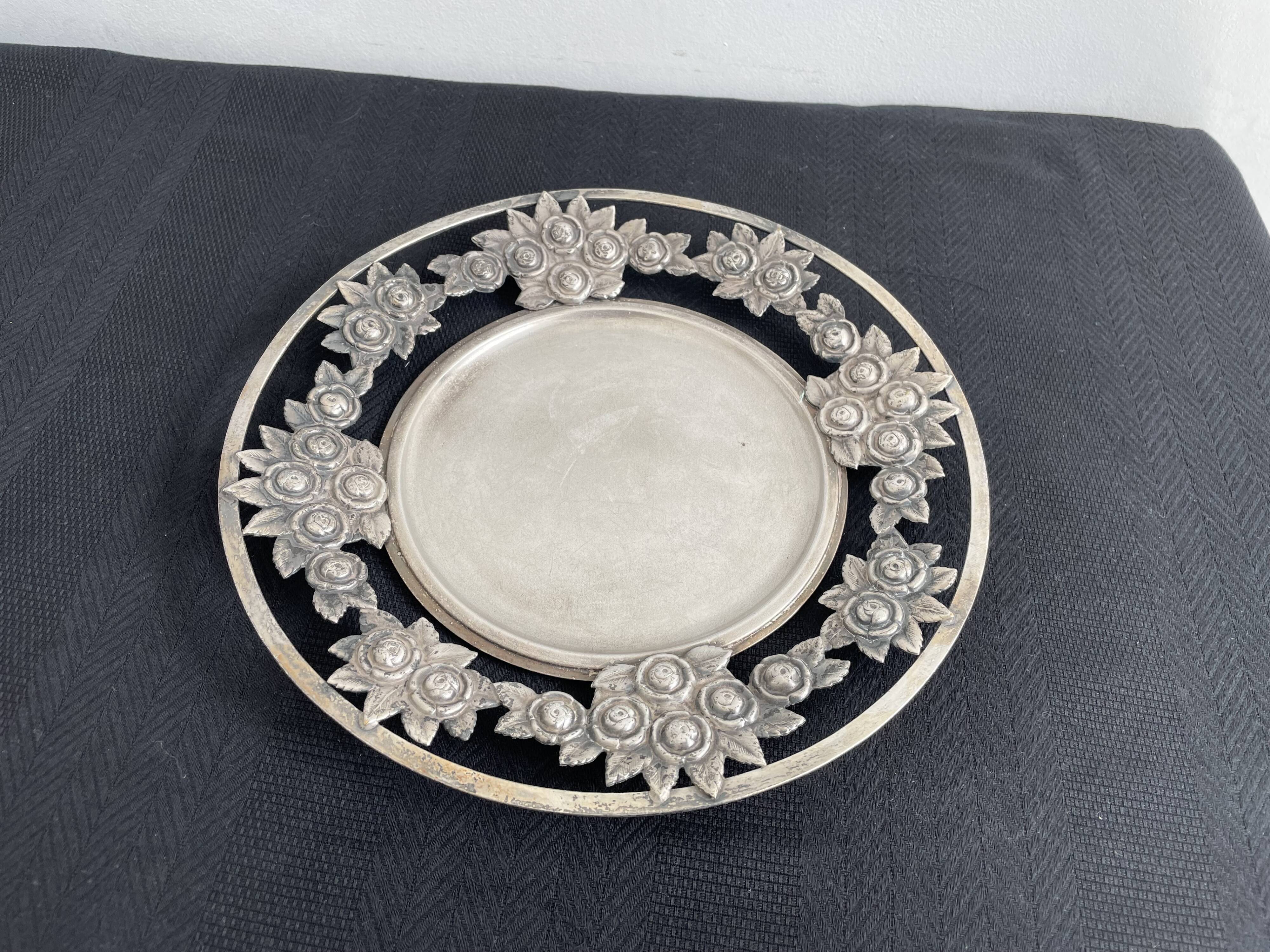 Vintage, round dish, silver metal, stylized leaf and rose decoration, French work, France