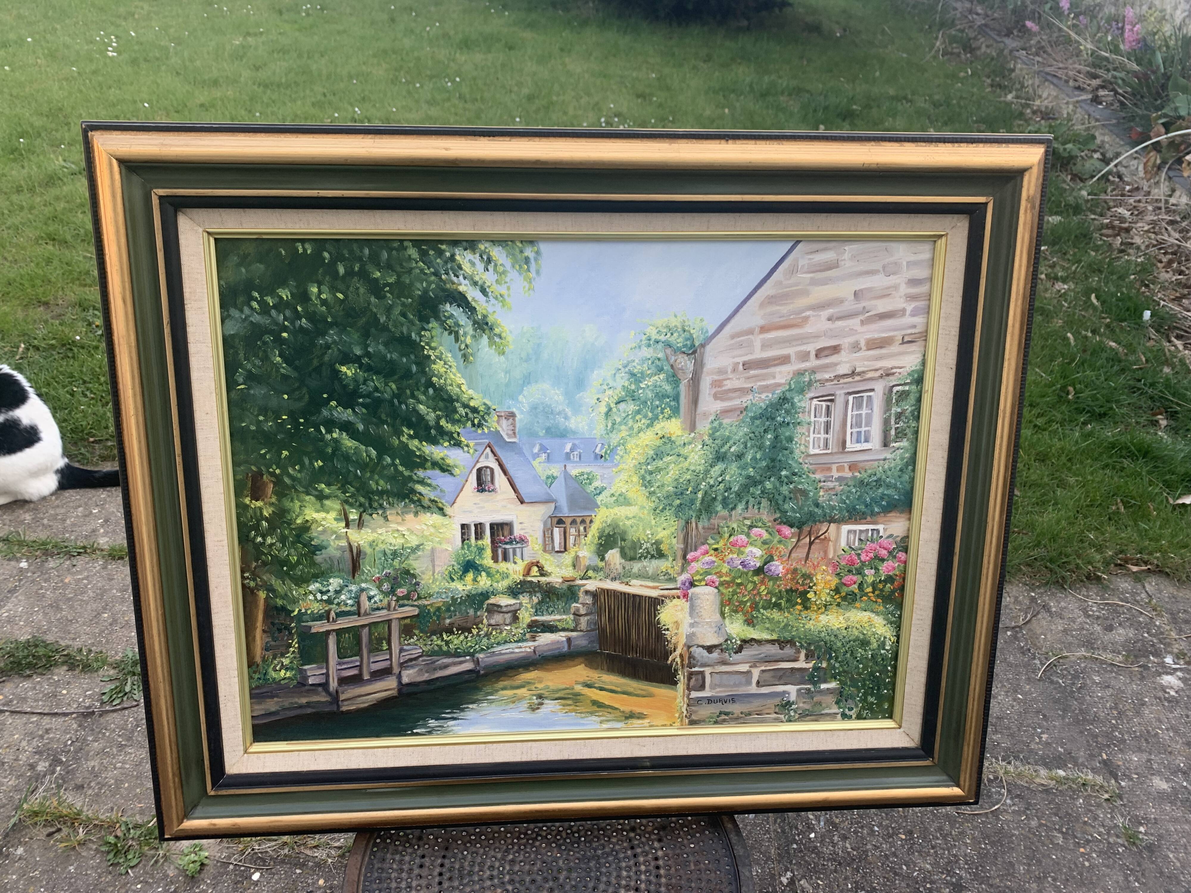 Painting painting on canvas framed bridge aven Bretagne by Christine durvis vintage