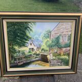 Painting painting on canvas framed bridge aven Bretagne by Christine durvis vintage