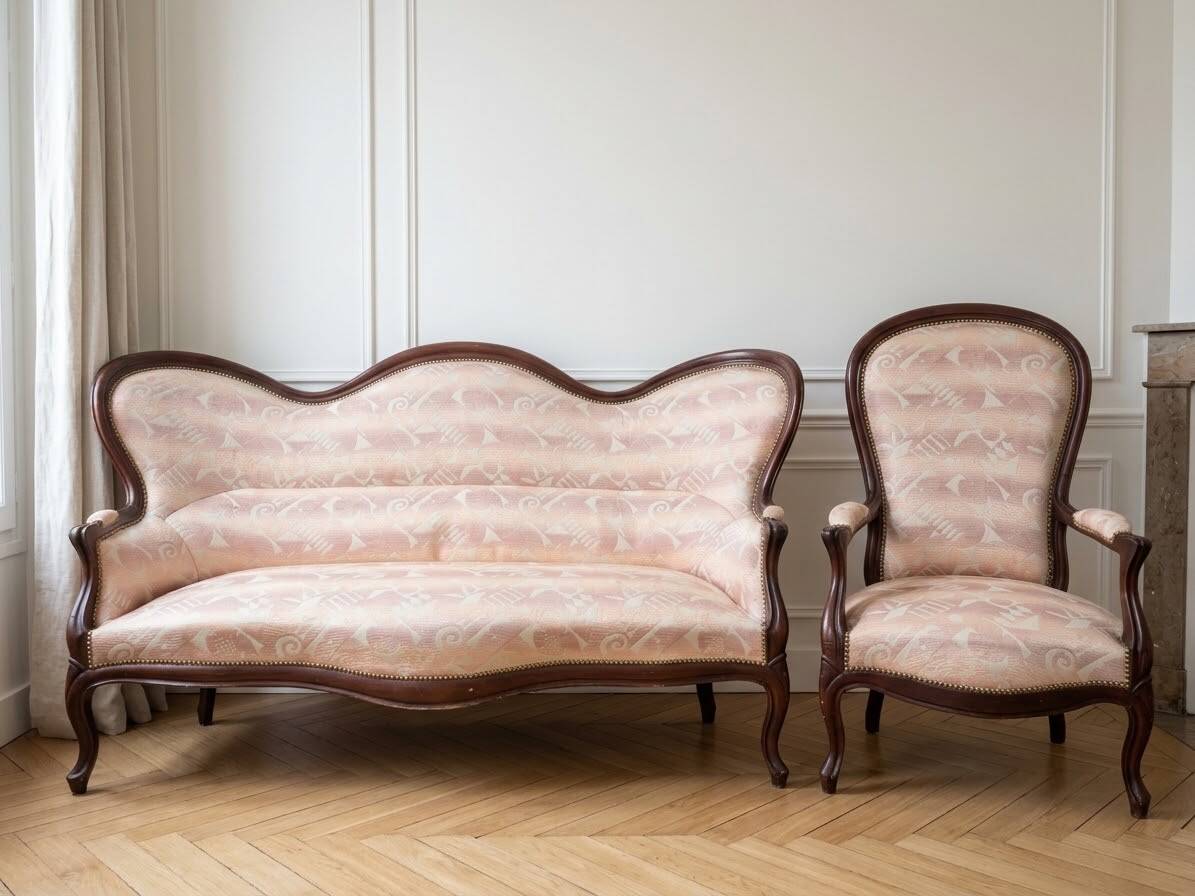 Living room set: Louis XV sofa and armchair in wood and pink fabric.
