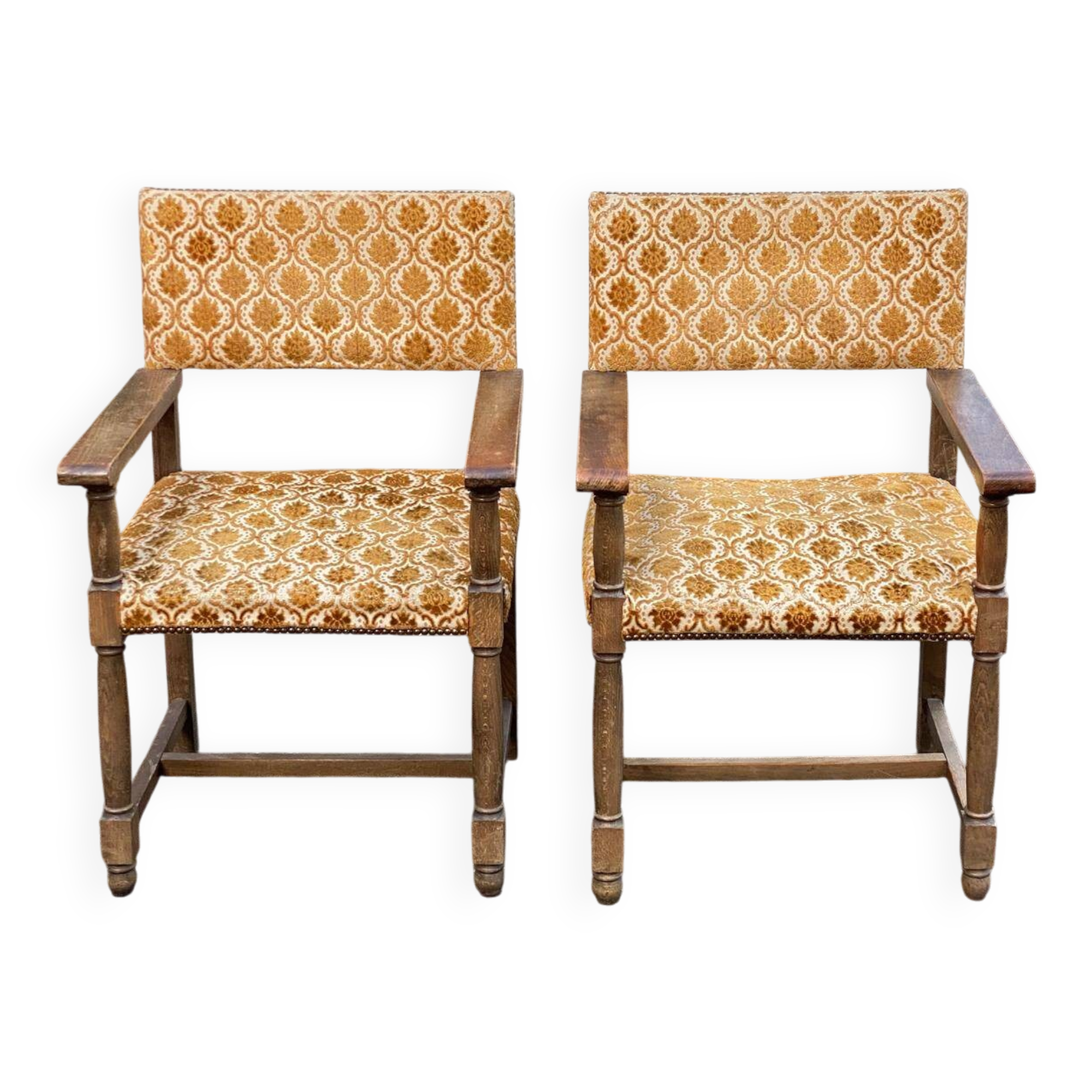 2 Henri II armchairs in solid wood and yellow-beige velvet.