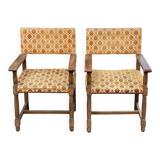 2 Henri II armchairs in solid wood and yellow-beige velvet.