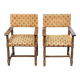 2 Henri II armchairs in solid wood and yellow-beige velvet.