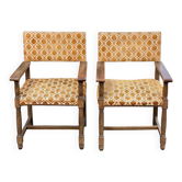 2 Henri II armchairs in solid wood and yellow-beige velvet.