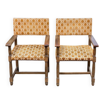 2 Henri II armchairs in solid wood and yellow-beige velvet.