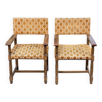 2 Henri II armchairs in solid wood and yellow-beige velvet.