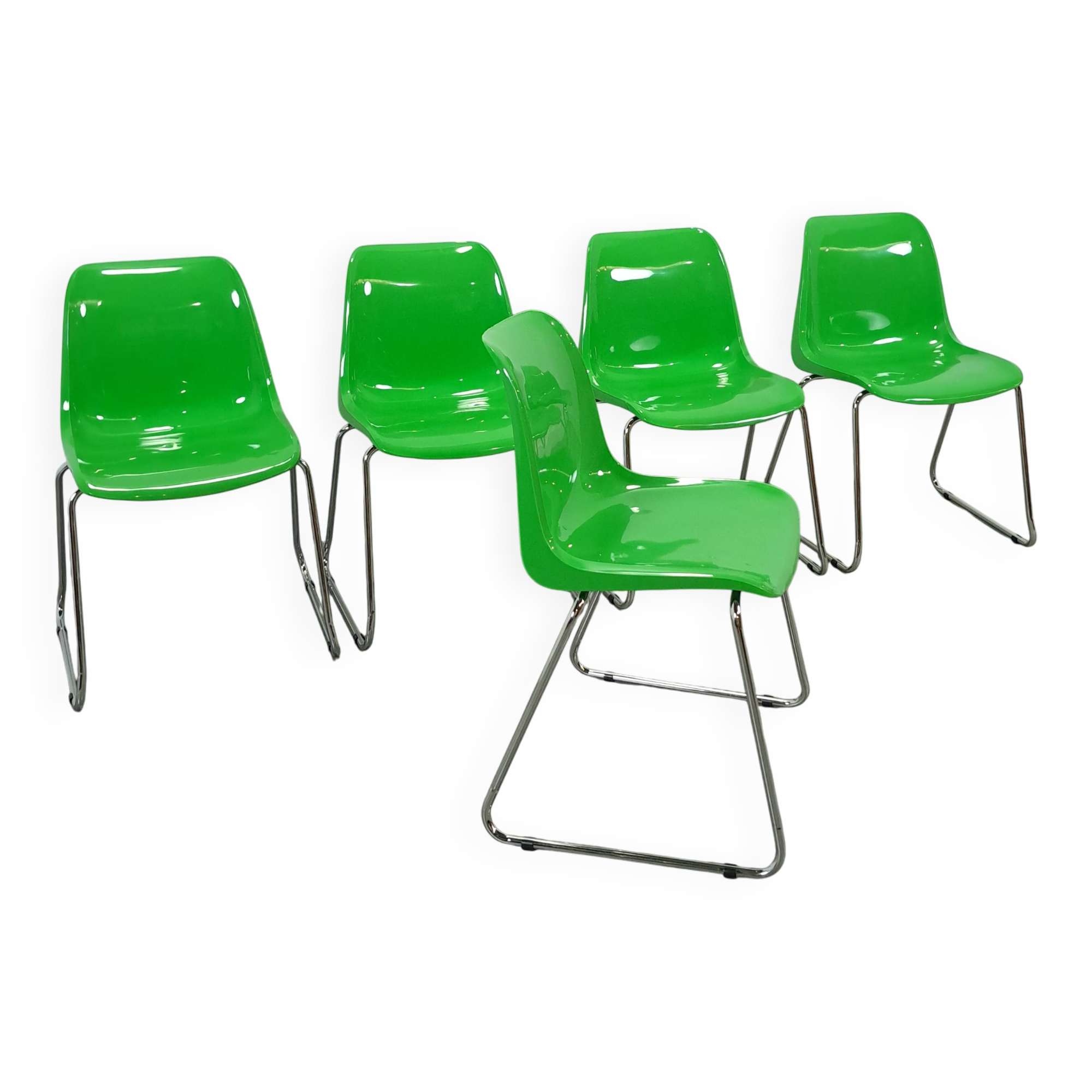 Set groene kunststof chromen buisframe stoelen Helmut Starke Zweden