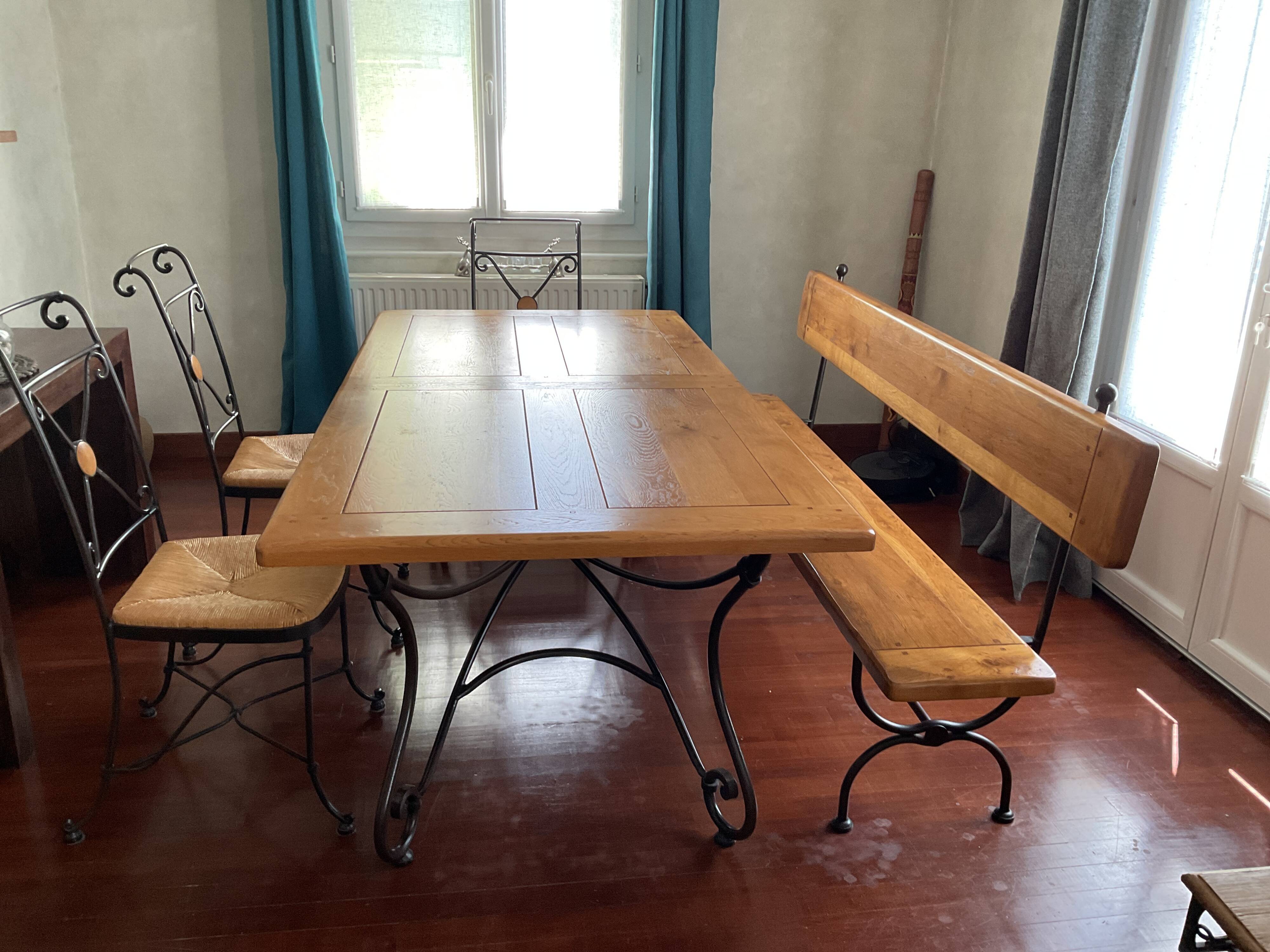 Dining set (two chairs, one armchair, one bench, and one table)