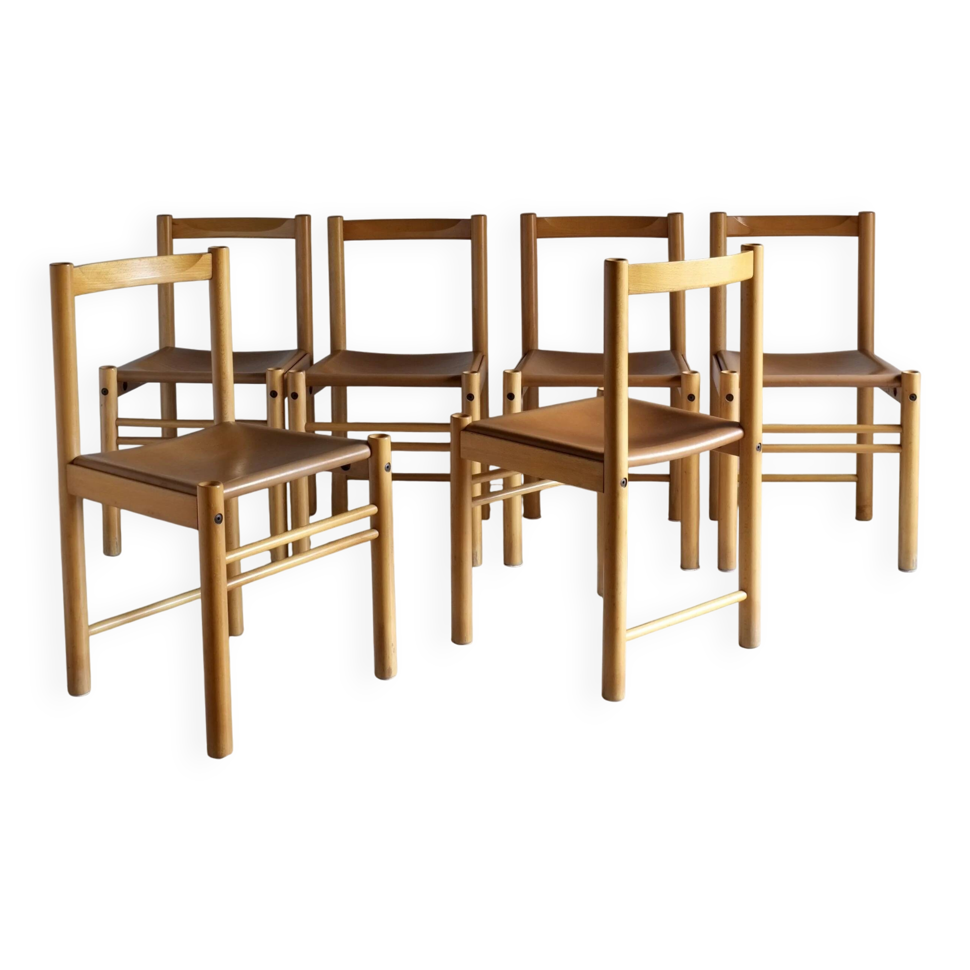 6 beech wood cognac leather chairs | Ibisco | Italy | 1960s