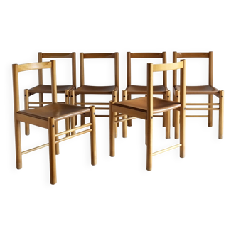 6 beech wood cognac leather chairs | Ibisco | Italy | 1960s