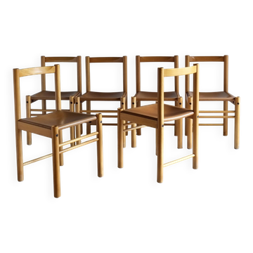 6 beech wood cognac leather chairs | Ibisco | Italy | 1960s