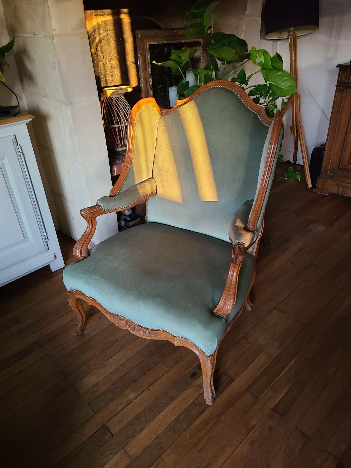 Vintage Louis XV style wing chair, light green velvet