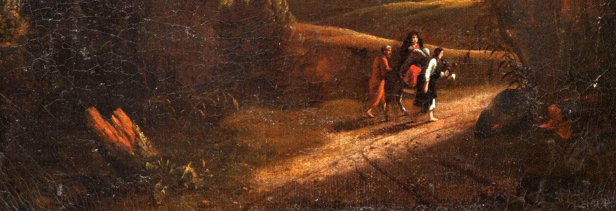 HST "The flight into Egypt, landscape at setting sun" by Hermann van Swanevelt (1600-1655)