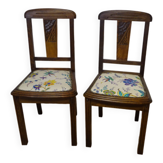 Art Deco chairs, colorful floral fabric, set of 2