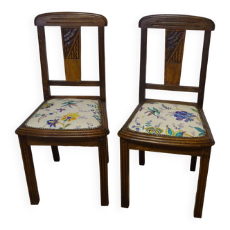 Chaises Art Déco, tissu à fleurs colorées, set de 2